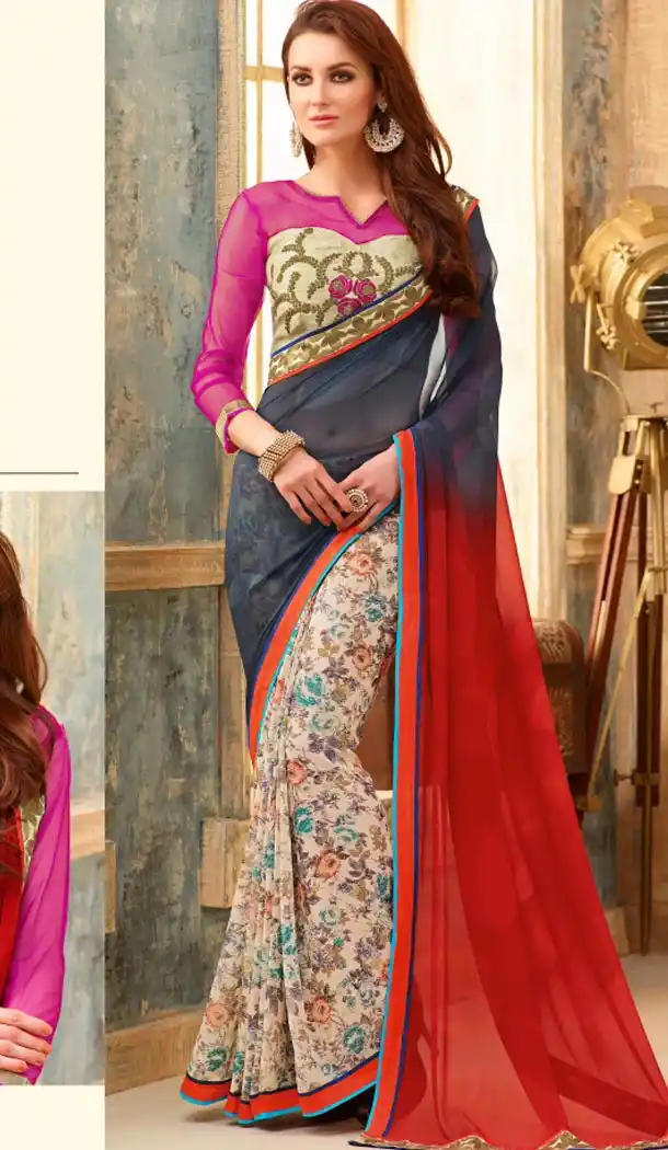 Deep Scarlet Color and Georgette Fabric Graphic print sarees with Stitched Blouse | FH447170348