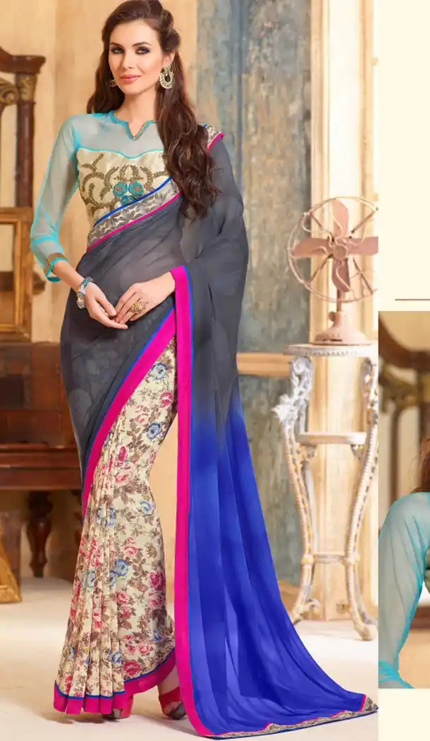 Slate Gray Color and Georgette Fabric Graphic print sarees with Stitched Blouse | FH447170349