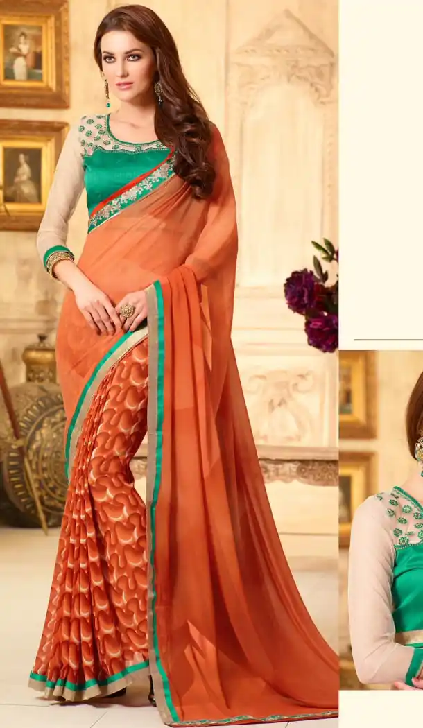 Deep Orange Color and Georgette Fabric Graphic print sarees with Stitched Blouse | FH447170350
