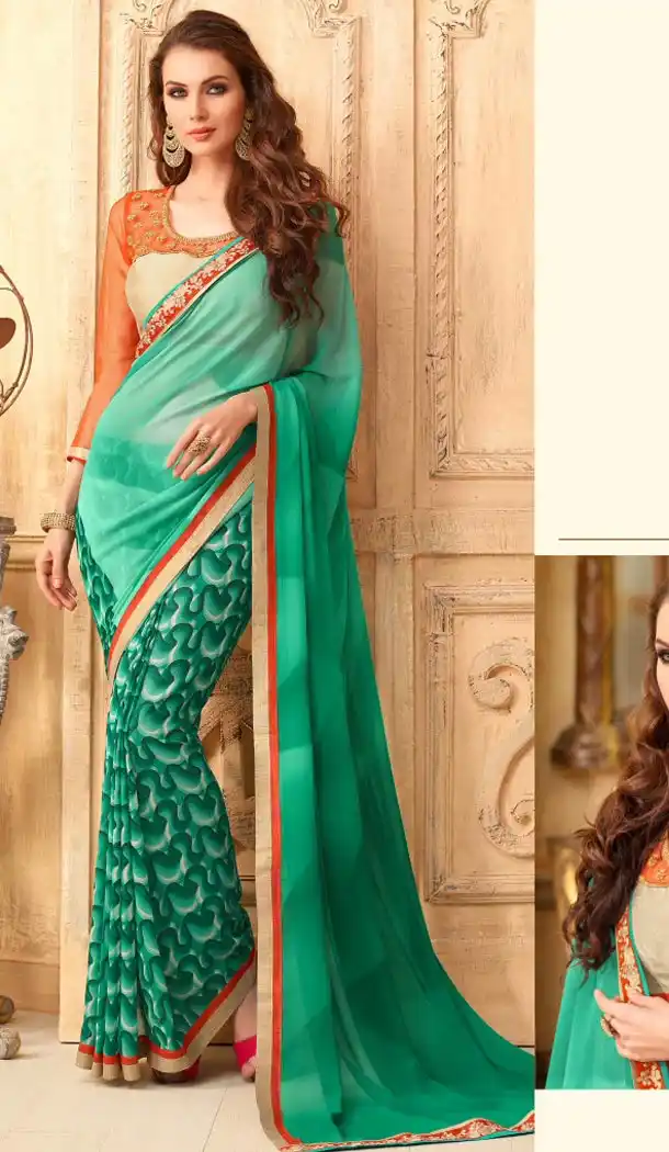 Emerald Color and Georgette Fabric Graphic print sarees with Stitched Blouse | FH447170351