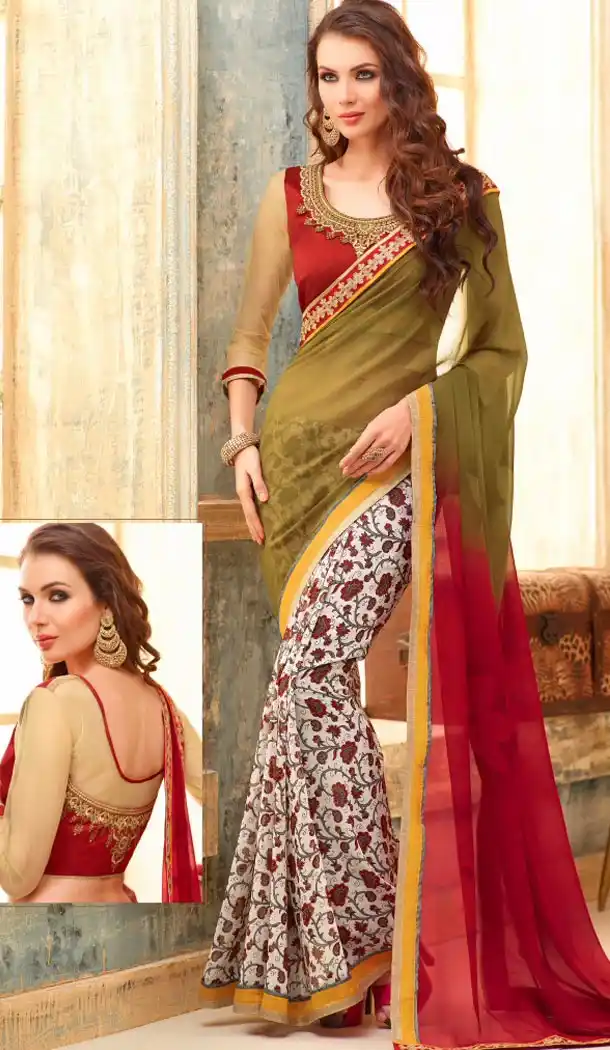 Mehendi Green Color and Georgette Fabric Graphic print sarees with Stitched Blouse | FH447170352