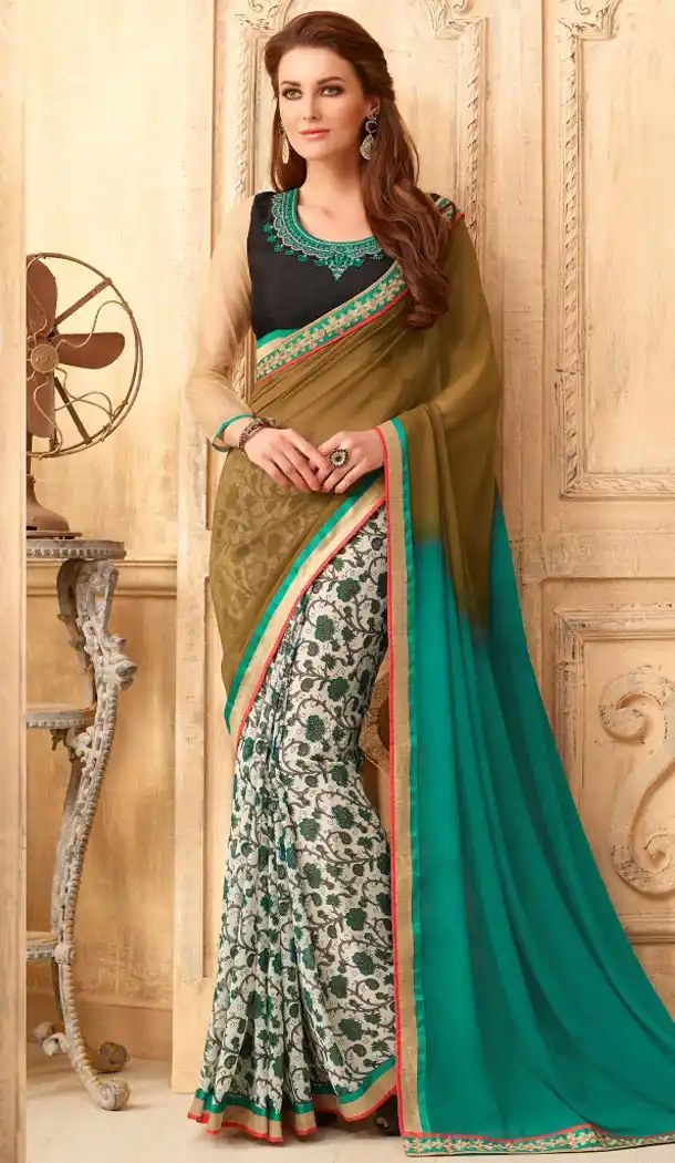 Emerald Color and Georgette Fabric Graphic print sarees with Stitched Blouse | FH447170353