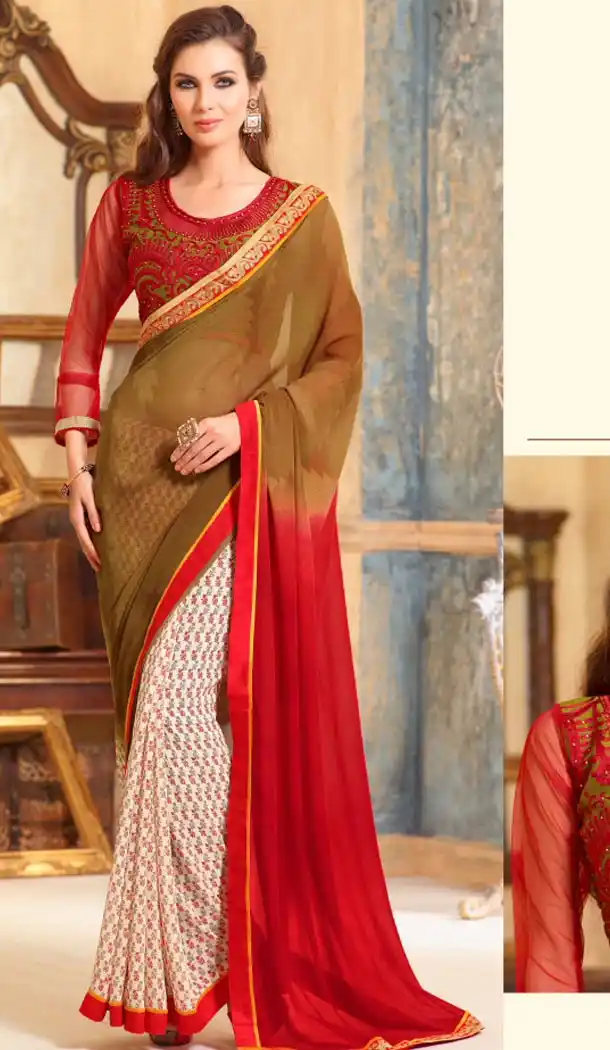 Deep Scarlet Color and Georgette Fabric Graphic print sarees with Stitched Blouse | FH447170354
