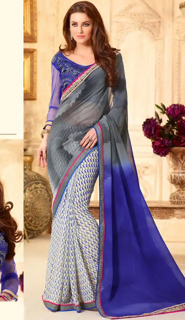 Dove Color and Georgette Fabric Graphic print sarees with Stitched Blouse | FH447170355