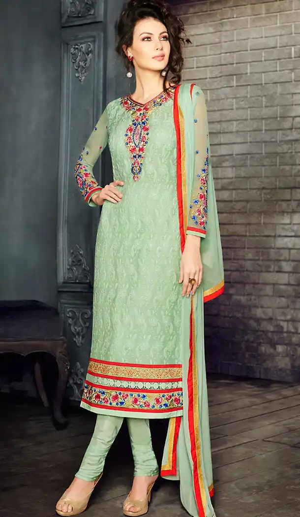 Aloe Vera Green Color and Georgette Fabric Party Wear Churidar Suit Stitched with Dupatta | FH447770407