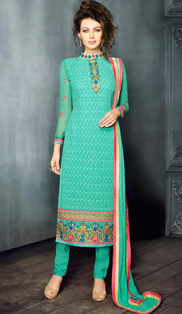 Emerald Color and Georgette Fabric Party Wear Churidar Suit Stitched with Dupatta | FH447770411