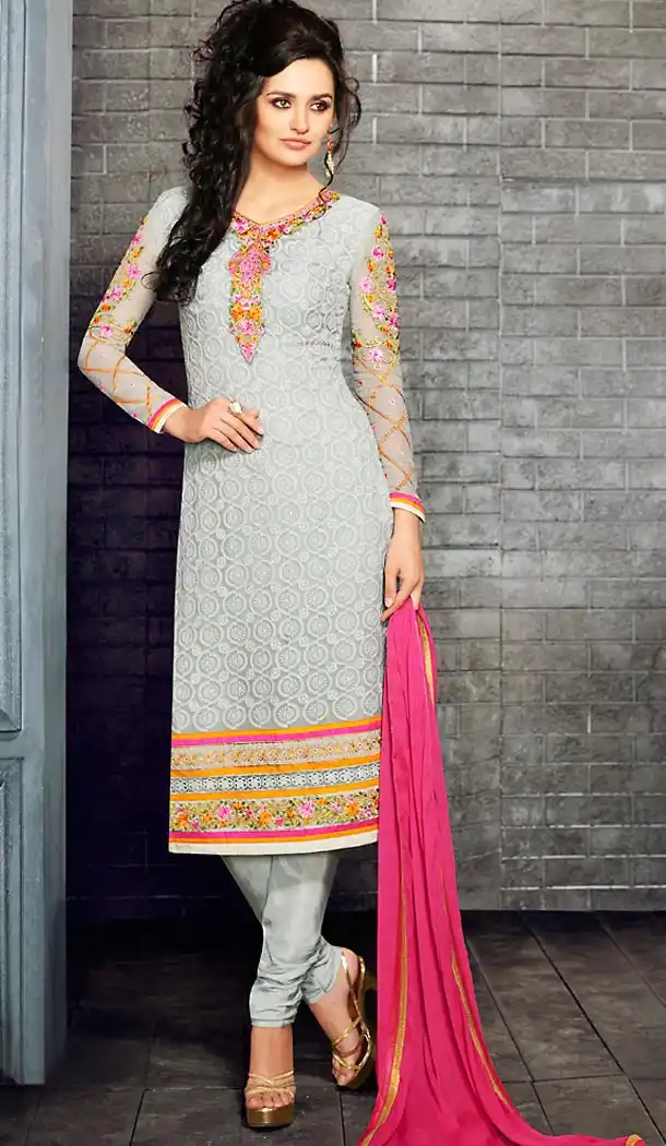 Dove Color and Georgette Fabric Party Wear Churidar Suit Stitched with Dupatta | FH447770416
