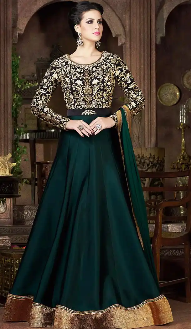 Bottle Green Color Silk Fabric Designer Stitched Gown Dress | FH447970432