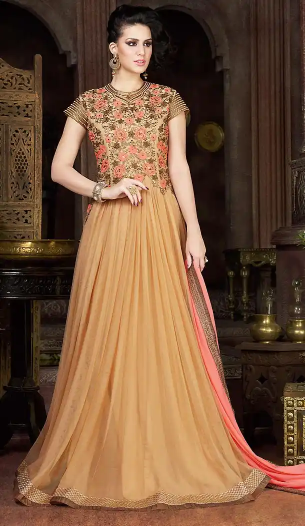 Tan Brown Color Net Fabric Designer Stitched Gown Dress | FH447970436
