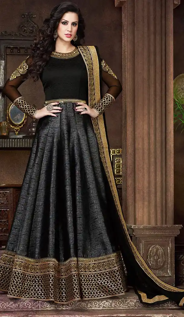 Jet Black Color Silk Fabric Designer Lehenga Kameez with Dupatta | FH447970438
