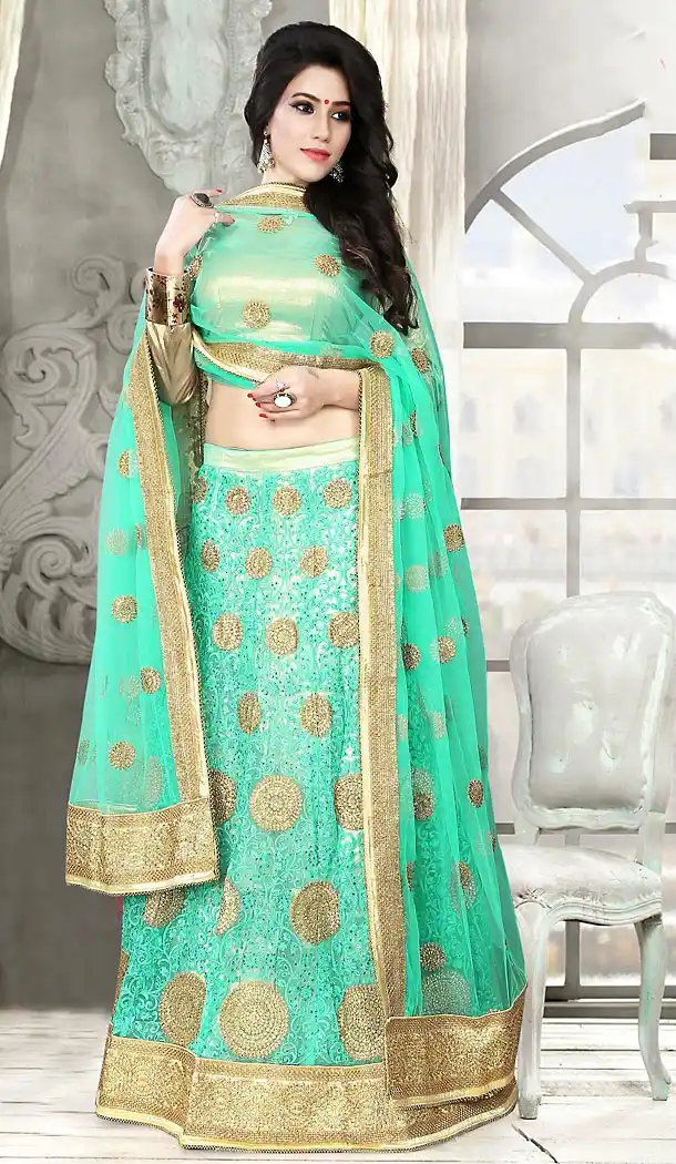 Turquoise Color Net A Line Designer Lehenga with Dupatta | FH448170462
