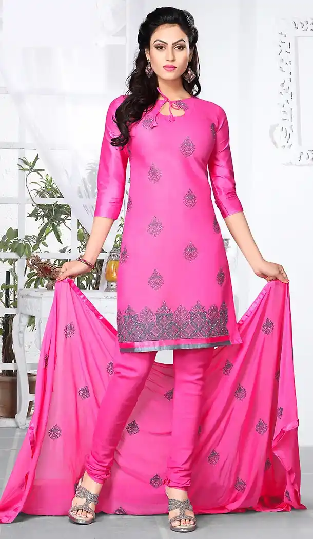Deep Pink Color Cotton Fabric Stitched Churidar Suit with Dupatta | FH448370474