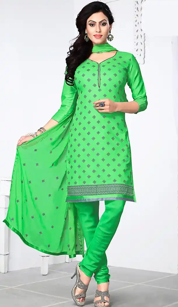 Lime Green Color Cotton Fabric Stitched Churidar Suit with Dupatta | FH448370476