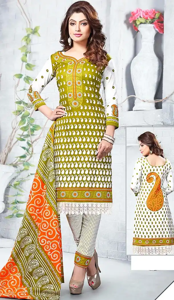 Mehendi Green Color Cotton Fabric Stitched Churidar Suit with Dupatta | FH448470487