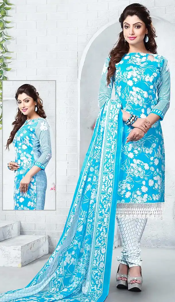 Sky Blue Color Cotton Fabric Stitched Churidar Suit with Dupatta | FH448470489