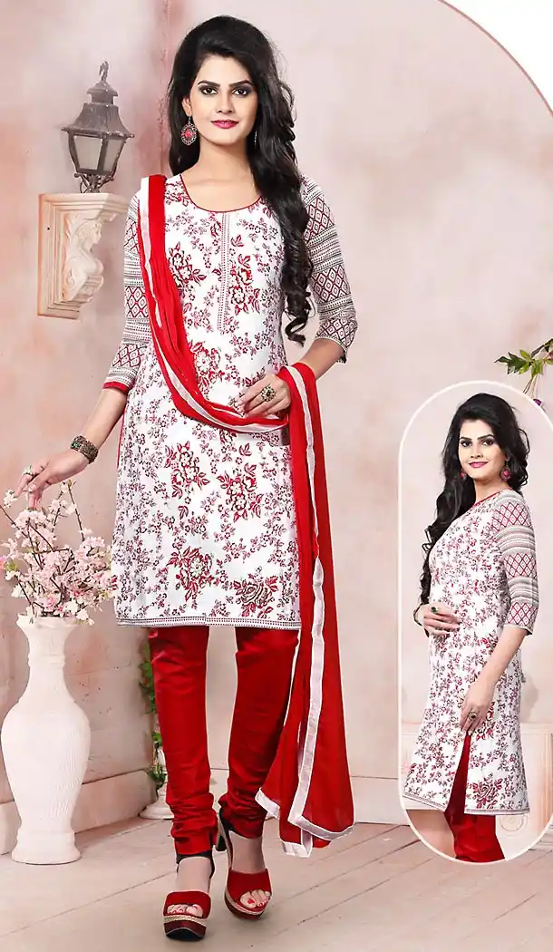 White Color Cotton Fabric Stitched Churidar Suit with Dupatta | FH448470491