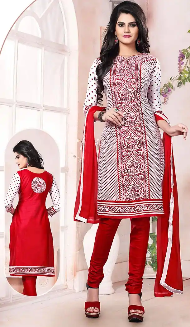 Off White Color Cotton Fabric Stitched Churidar Suit with Dupatta | FH448470493