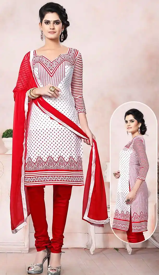 Straight cut Off White Color Cotton Fabric Stitched Churidar Suit with Dupatta | FH448470494