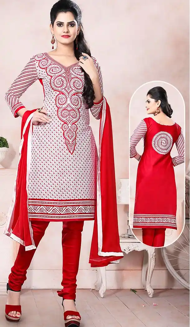 Red and White Color Cotton Fabric Stitched Churidar Suit with Dupatta | FH448470496