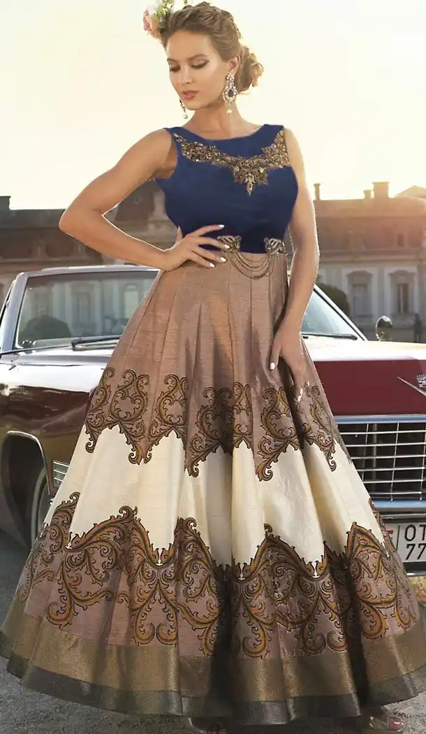 Tan Brown Color Bhagalpuri Silk Fabric Aline Style Party Stitched Dresses with Dupatta | FH449070548
