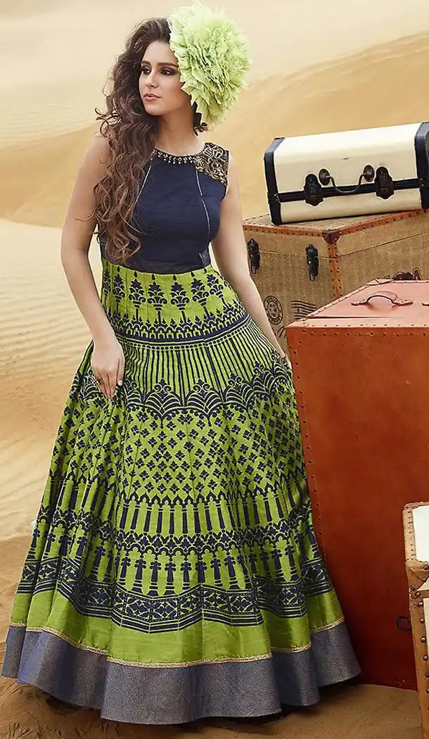Navy Blue Color Bhagalpuri Silk Fabric Aline Style Party Readymade Dresses with Dupatta | FH449070550