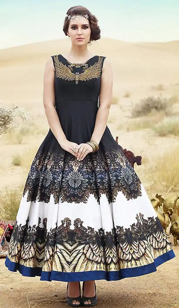 Black Color Bhagalpuri Silk Fabric Aline Style Party Readymade Dresses with Dupatta | FH449070553
