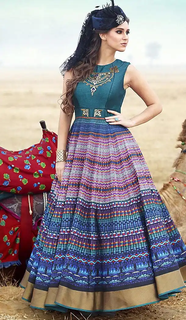 Teal Blue Color Bhagalpuri Silk Fabric Aline Style Party Readymade Dresses with Dupatta | FH449070554