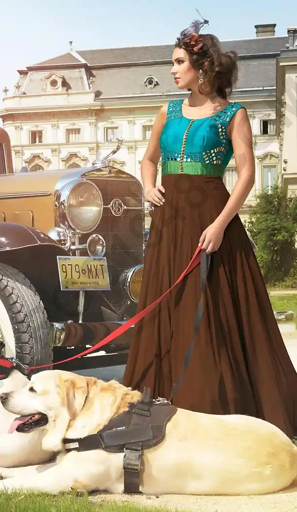 Chocolate Color Bhagalpuri Silk Fabric Aline Style Party Readymade Dresses with Dupatta | FH449070555