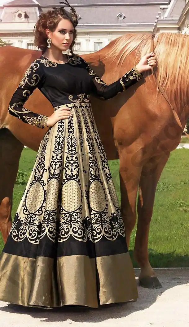 Black Color Bhagalpuri Silk Fabric Aline Style Party Readymade Dresses with Dupatta | FH449070557