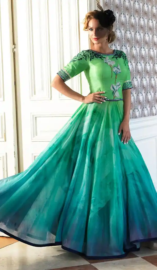 Mint Green Color Silk Fabric Aline Style Party Readymade Dresses with Dupatta | FH449070560