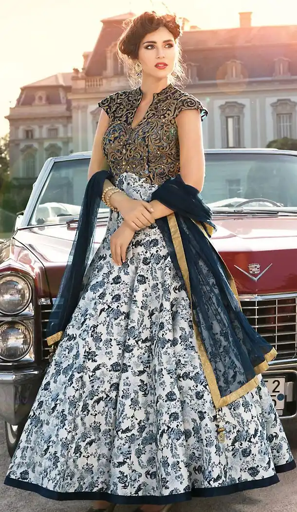 White Color Bhagalpuri Silk Fabric Aline Style Party Readymade Dresses with Dupatta | FH449070561