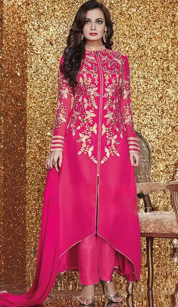 Dia Mirza Deep Pink Fabric Georgette Fabric Stitched Dresses with Dupatta | FH449270570