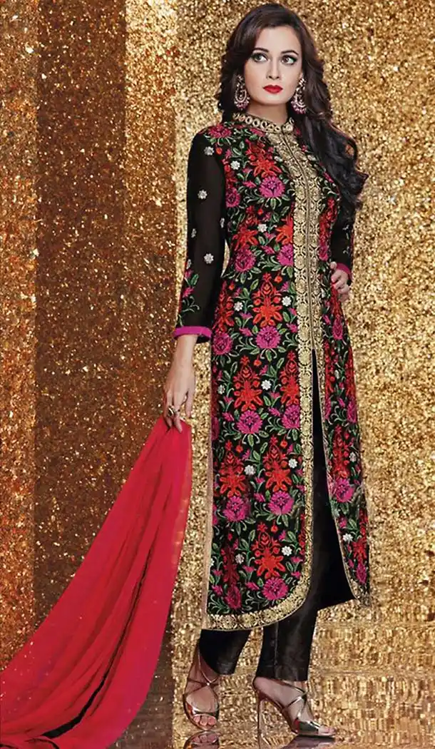 Dia Mirza Black Fabric Georgette Fabric Stitched Dresses with Dupatta | FH449270572