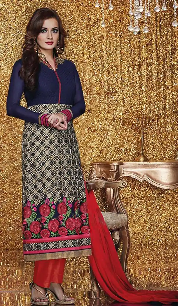 Dia Mirza Navy Blue Fabric Georgette Fabric Stitched Dresses with Dupatta | FH449270573