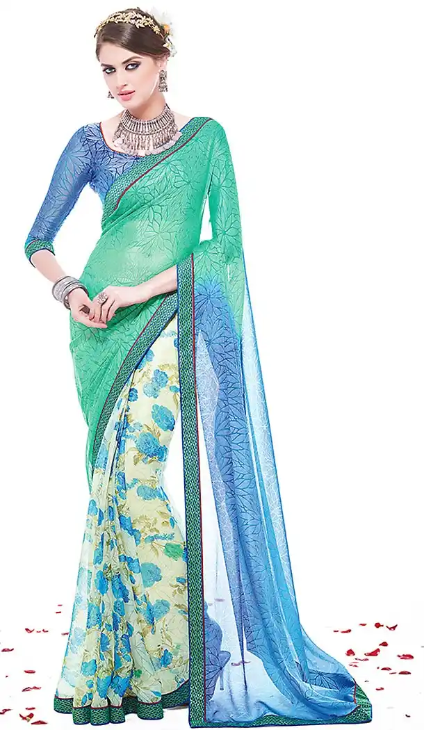 Emerald Color Brasso Stylish Graphic Designer Satin Saree with Blouse | FH449370575