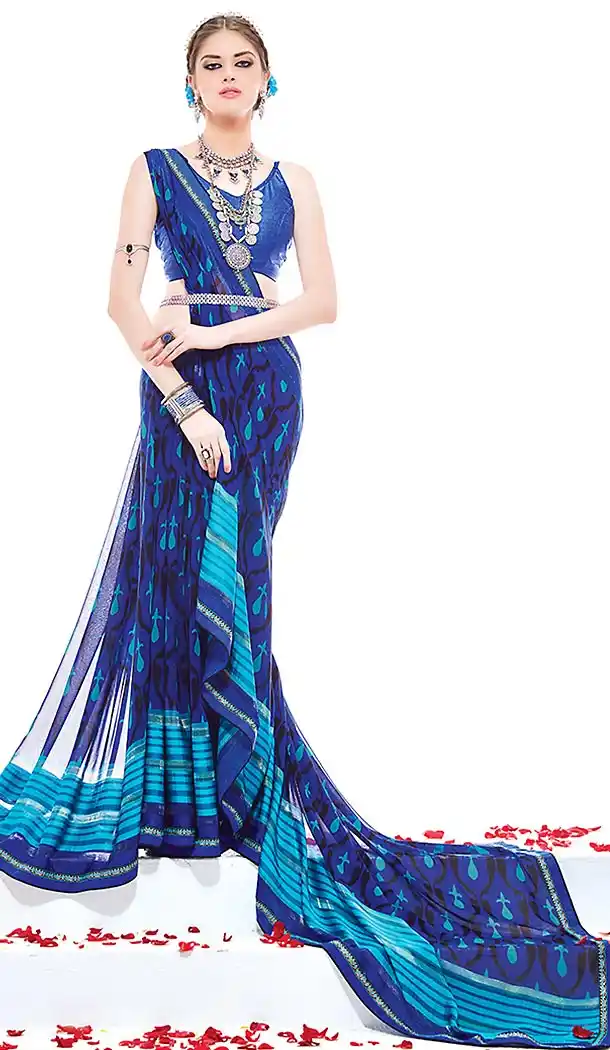 Blue Color Georgette Stylish Graphic Designer Satin Saree with Blouse | FH449370577