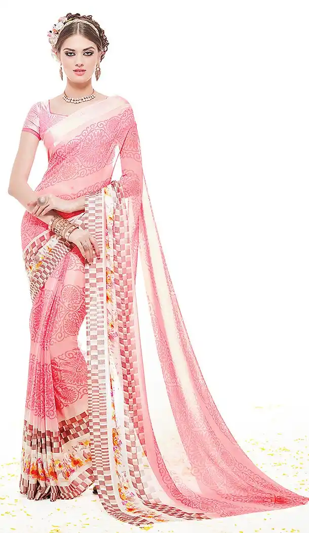 Salmon Color Georgette Stylish Graphic Designer Satin Saree with Blouse | FH449370584
