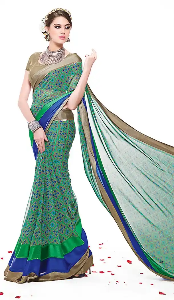 Green Color Georgette Stylish Graphic Designer Satin Saree with Blouse | FH449370586