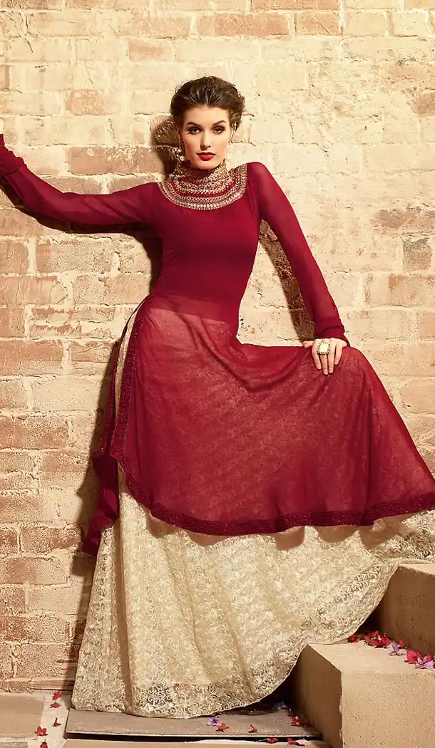 Brick Red Color Georgette Fabric Designer Styles Stitched Dresses with Dupatta | FH449470595