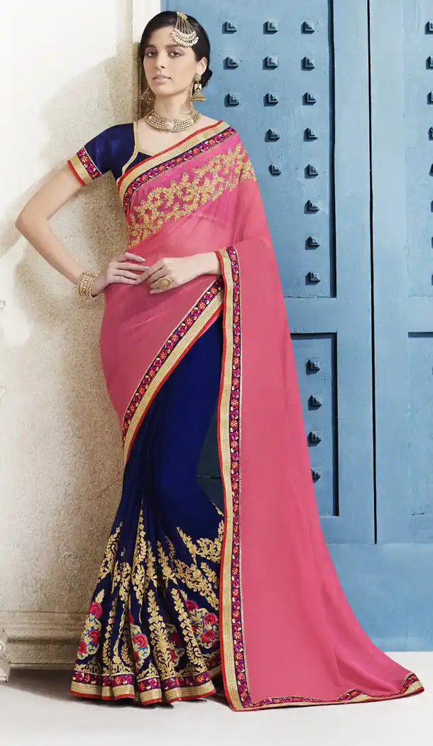 Royal Blue Color Chiffon Embroidered Party Wear Sarees  with Blouse | FH449670612