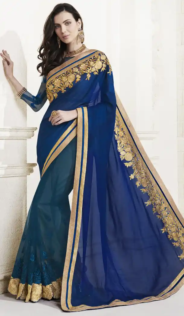 Navy Blue Color Georgette Embroidered Party Wear Sarees with Blouse | FH449670614
