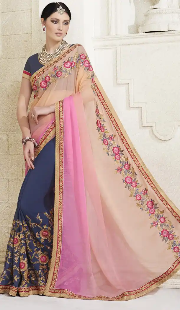 Navy Blue Color Georgette Embroidered Party Wear Sarees with Blouse | FH449670615