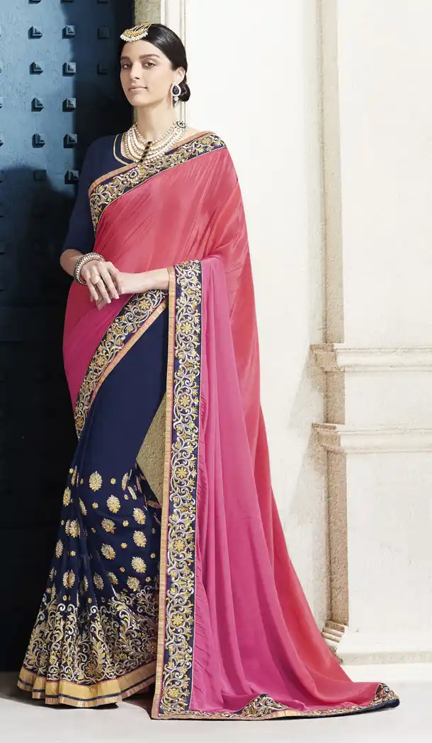Navy Blue Color Georgette Embroidered Party Wear Sarees with Blouse | FH449670621