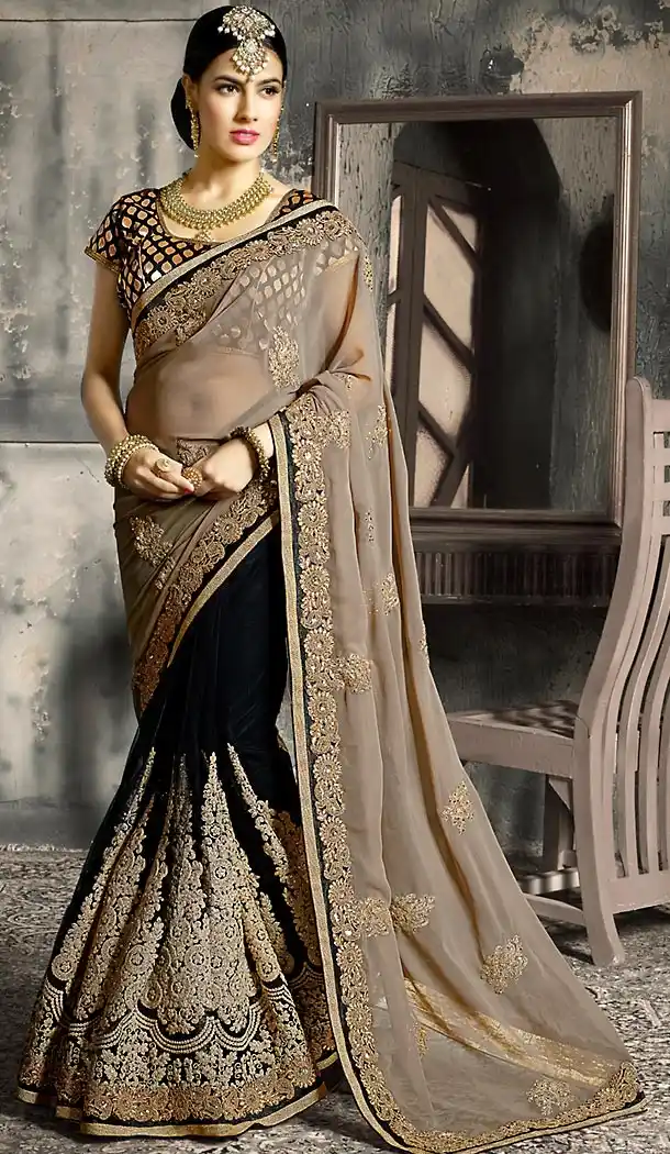 Black Color Georgette, Net Traditional Stylish Designer Saree with Stitched Blouse | FH450070668