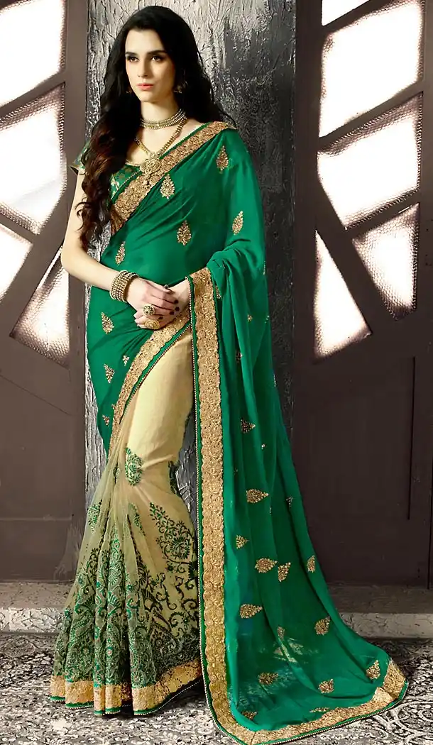 Emerald Color Georgette, Net Traditional Stylish Designer Saree with Stitched Blouse | FH450070671