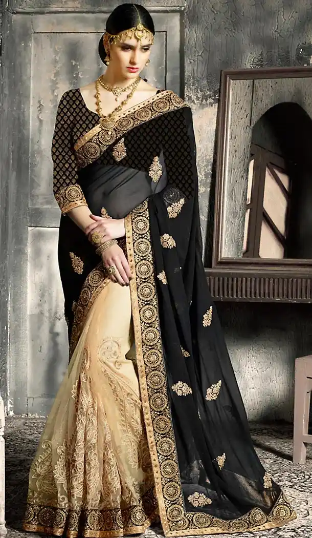 Black Color Georgette, Net Traditional Stylish Designer Saree with Stitched Blouse | FH450070673