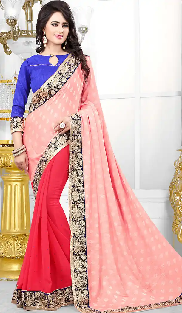 Salmon Color Georgette Embroidered Ethnic Wear Sarees with Blouse | FH450470690