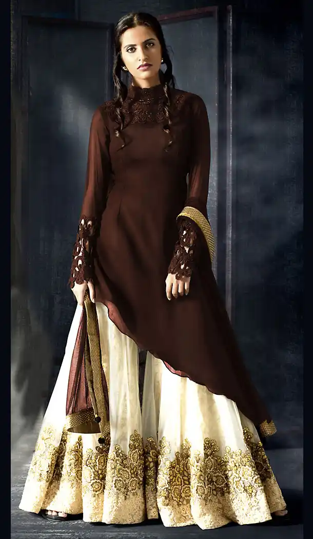 Chocolate Color Georgette Fabric A Line Style Palazzo Pants Stitched Suit with Dupatta | FH450670729