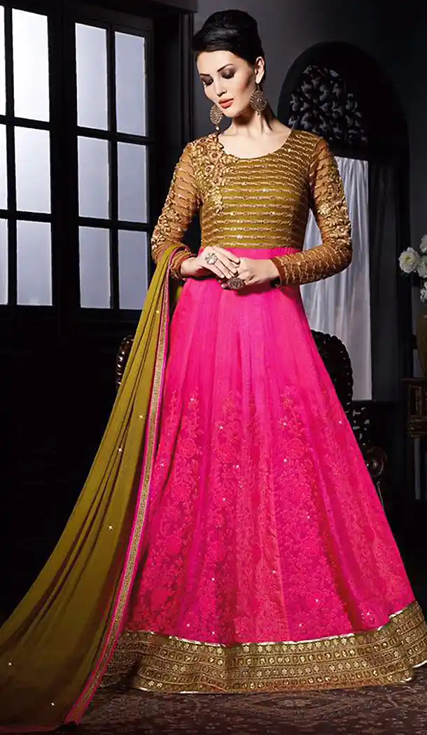 Deep Pink Color Net Fabric Designer Ethnic Readymade Gowns | FH450770717