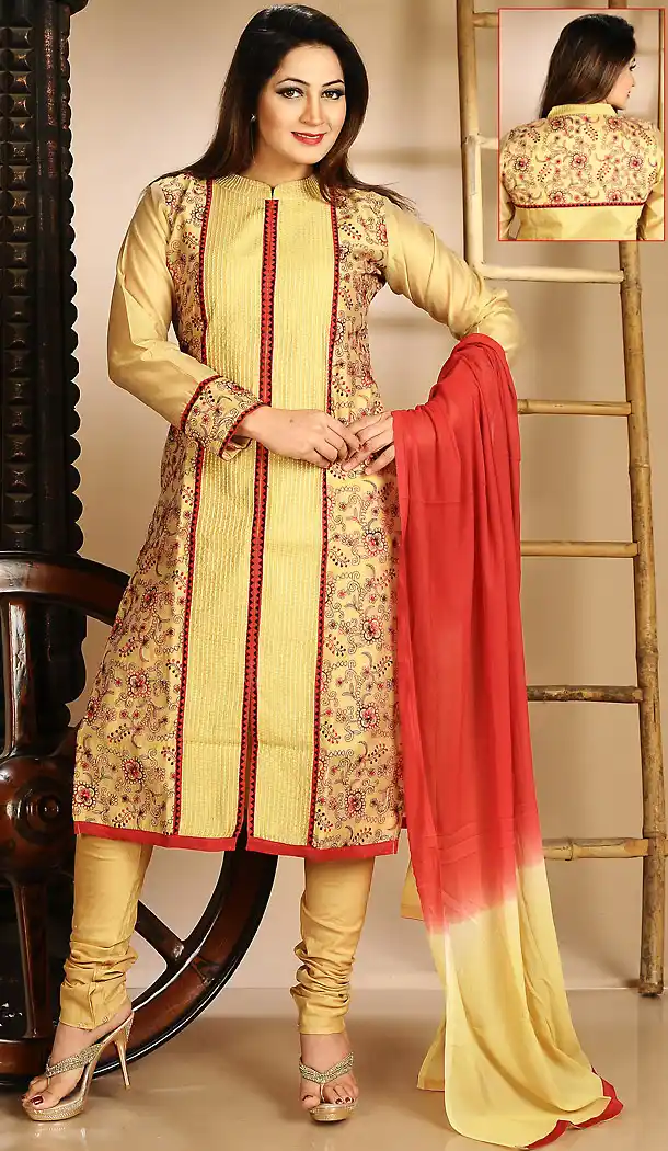 French Beige Color Chanderi Silk Designer Party Wear Ready Made Churidar Suits wits Dupatta | FH450870735